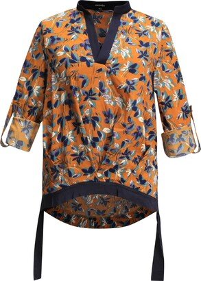 Smart and Joy Leaves Print V-Neck Blouse - Yellow & Orange