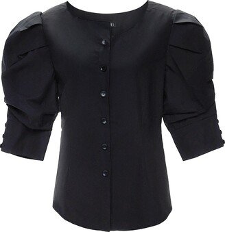 Seragyi Black Martina Cotton Ruched Sleeve And Asymmetrical Neckline Blouse