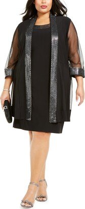 Plus Size Embellished Dress & Illusion Jacket - Black/Silver