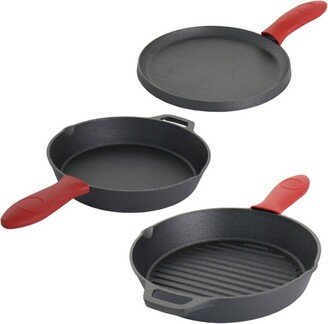 MegaChef Pre-Seasoned Cast Iron 6 Piece Set with Red Silicone Holders