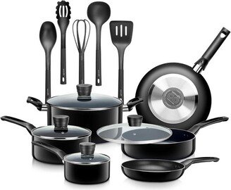 15 Piece Essential Home Heat Resistant Non Stick Kitchenware Cookware Set w/ Fry Pans, Sauce Pots, Dutch Oven Pot, and Kitchen Tools, Black