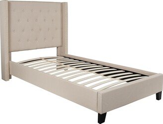 Conway Twin Size Beige Wingback Button Tufted Platform Bed with Nailhead Trim