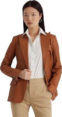 Petite Double-Breasted Twill Blazer (Birch Tan) Women's Clothing