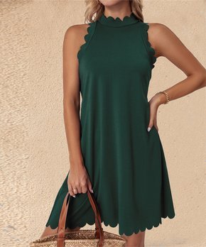 Green Scallop-Hem Sleeveless Shift Dress - Women