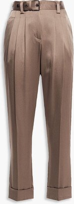 Cropped pleated satin-crepe tapered pants