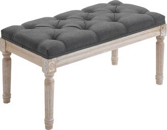 HOMCOM 15.75 Vintage Ottoman, Tufted Footstool with Upholstered Seat, Distressed Wood Legs for Bedroom, Living Room, gray