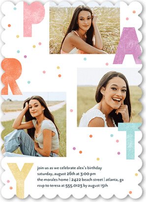 Teen Birthday Invitations: Speckled Letters Birthday Invitation, White, 5X7, Pearl Shimmer Cardstock, Scallop