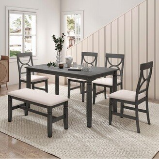 6 PCS Farmhouse Wood Dining Table Set with Table and Upholstered Chairs, Gray