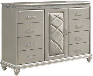 Wooden Dresser with Eight Spacious Drawers and One Door Shelf, Silver