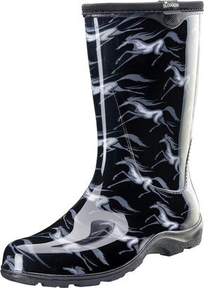 Sloggers Womens 10-inch Rain and Garden Boots, Horses, Black Pattern, Size 7