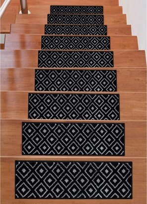 Beverly Rug Indoor Non Slip Carpet Stair Treads w/ Installed Tape 9x 28 Trellis Black / Dark Gray