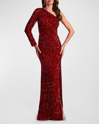 One-Shoulder Side-Slit Ruched Sequin Gown