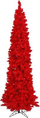 Flocked Red Pencil Fir Artificial Christmas Tree, Red Dura-lit LED Lights In a 17Lx17Wx5H base.