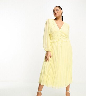 ASOS DESIGN Curve button up ruched waist pleated midi dress in metallic textured in pastel yellow