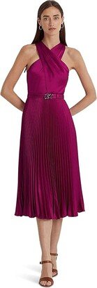 Belted Charmeuse Halter Cocktail Dress (Fuchsia Berry) Women's Dress