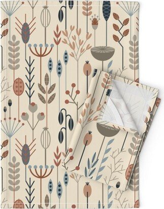 Mid Century Nature Tea Towels | Set Of 2 - Blue Grass By Sarahparr Leaves Blues Plants Seeds Autumn Linen Cotton Spoonflower