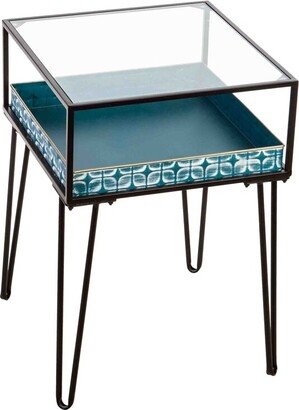 Metal Table with Glass Top and Teal Metal Planter Dish