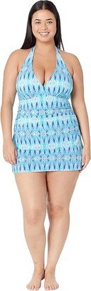 Slimming Swimwear Clasp Halter Dress Print (Arctic Blue Ikat) Women's Swimsuits One Piece