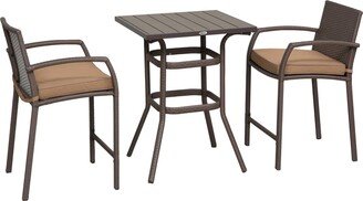 3 Pcs Rattan Wicker Bar Set with Wood Grain Top Table and 2 Bar Stools for Outdoor, Patio, Poolside, Garden, Brown