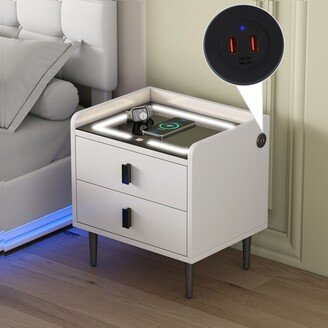 GREATPLANINC Nightstand Modern End Table with 2 Drawers and Wireless Charging Station, USB Charging Nightstands and Adjustable LED Lights