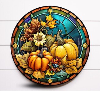 Wreath Sign, Fall Pumpkin Harvest Teal Stained Glass Round Metal Sugar Pepper Designs, Sign For