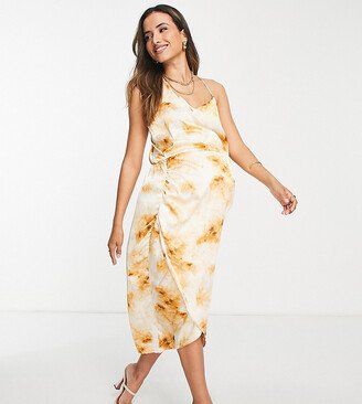 Missguided Maternity asymmetric satin midi dress in cream tie dye