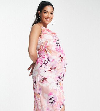 Liquorish Maternity satin wrap midi dress in soft pastel floral