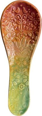 Handmade Ceramic Spoon Rest - Enchanted Rainbow Garden Red, Yellow & Green Celadon Glazes With Love Birds in Foliage