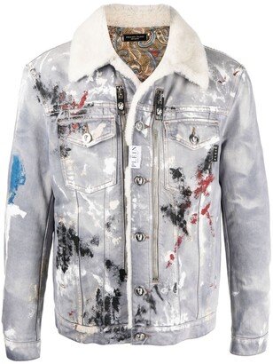 Painterly-Print Sherpa Denim Jacket