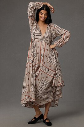 Long-Sleeve V-Neck Printed Midi Dress