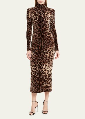 Leopard Jacquard Chenille High-Neck Midi Dress