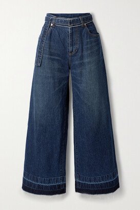 Belted Frayed Wide-leg Jeans - Blue