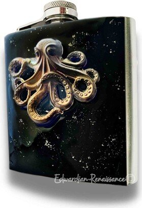 Octopus Flask Inlaid in Hand Painted Black Enamel With Silver Splash Oxidized Kraken Design Personalized & Color Options
