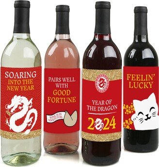 Big Dot of Happiness 2024 Year of the Dragon - Lunar New Year - Wine Bottle Label Stickers - Set of 4