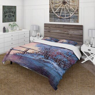 Designart 'Winter Scenery With Bridge Of Meandering River I' Lake House Duvet Cover Set