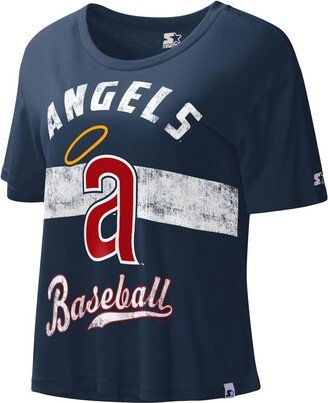 Women's Starter Navy Distressed Los Angeles Angels Cooperstown Collection Record Setter Crop Top