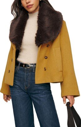 Scarlet Double Breasted Recycled Wool Blend Jacket with Removable Faux Fur Collar