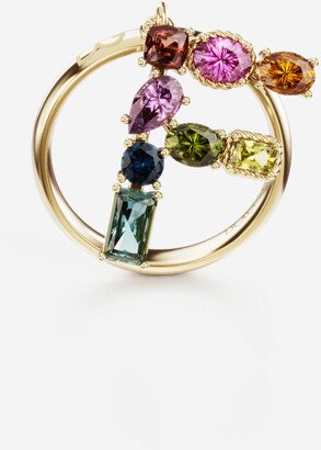 Rainbow alphabet F ring in yellow gold with multicolor fine gems