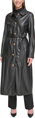 Women's Belted Faux-Leather Trench Coat