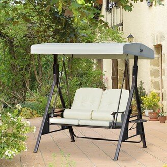 2-Person Patio Swing Chair Outdoor Canopy Swing with Adjustable Shade, Soft Cushions, Throw Pillows and Tray