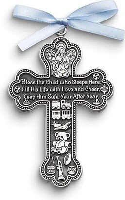 Curata Pewter Finish Metal For Him with Blue Ribbon Bless This Child Crib Cross