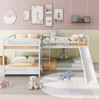 IGEMAN Full and Twin Size L-Shaped Bunk Bed with Slide and Short Ladder, White