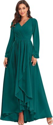 JKGUYO Teal Bridesmaid Dress with Sleeves Long Chiffon High Low Pleated Empire Waist Evening Dresses Size 10