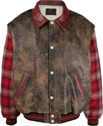 GUESS USA Distressed-Effect Check-Pattern Bomber Jacket