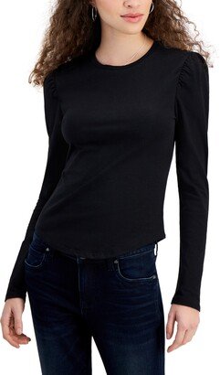 Juniors' Crewneck Puff-Shoulder Long-Sleeve Top