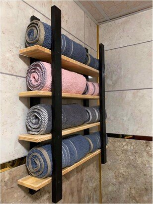 Towel Organizer - Wooden Hooks Bathroom Closet Solid-Raw Wood Shelf Organize