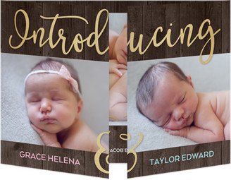 Birth Announcements: Twin Introduction Birth Announcement, Brown, Gate Fold, Matte, Folded Smooth Cardstock, Square