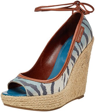 Multicolor Printed Canvas And Leather Espadrille Platform Wedge Pumps Size 37.5