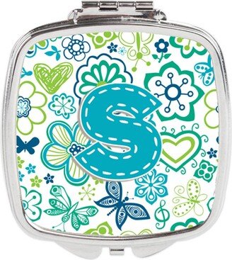 CJ2006-SSCM Letter S Flowers & Butterflies Teal Blue Compact Mirror