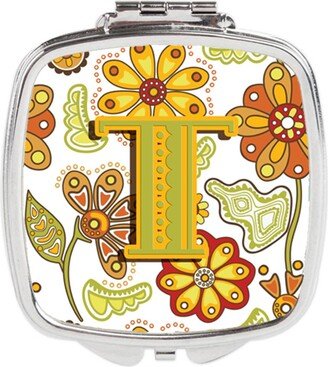 CJ2003-TSCM Letter T Floral Mustard & Green Compact Mirror